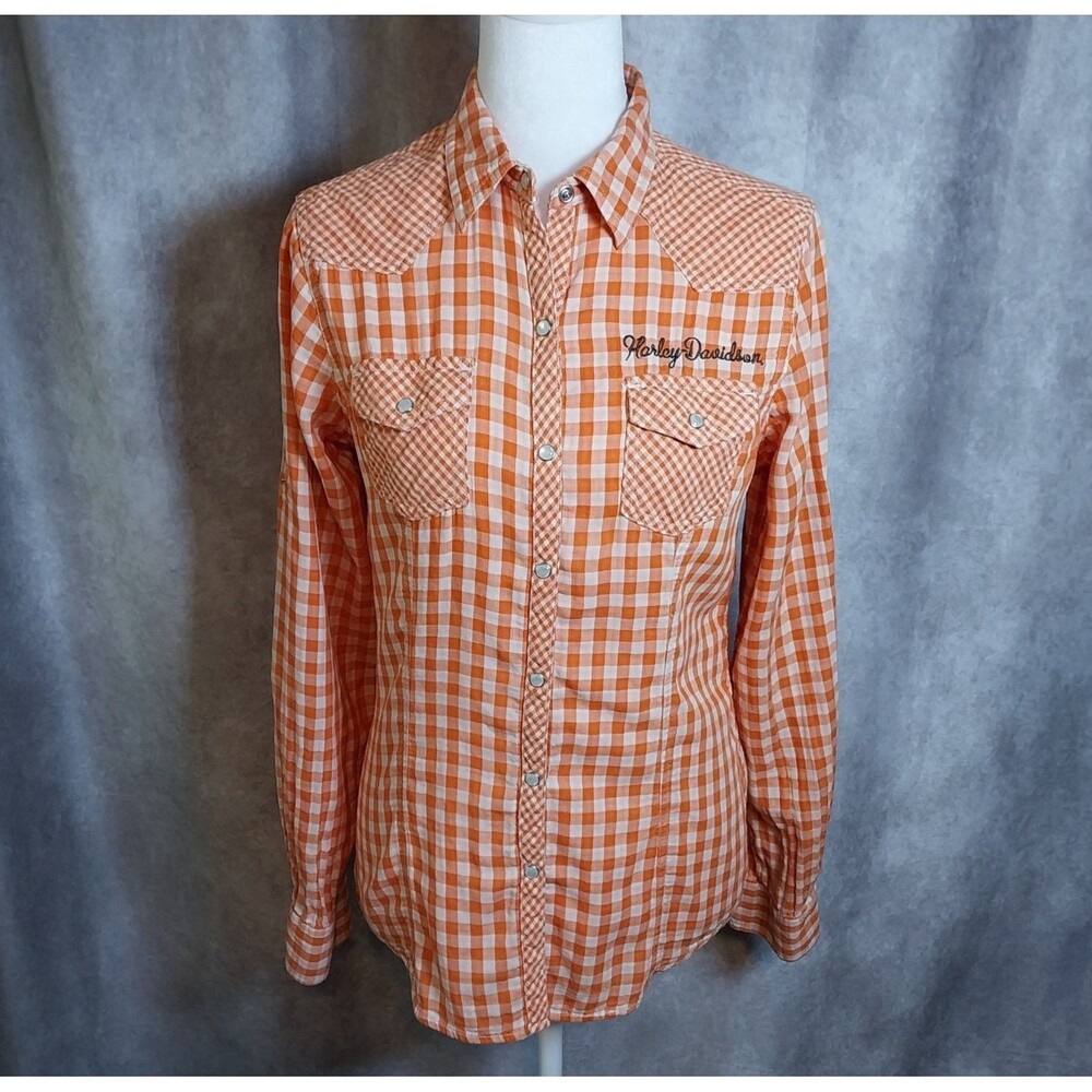 Harley Davidson Women's Orange White Gingham Plaid Pearl Snap Western Shirt Med